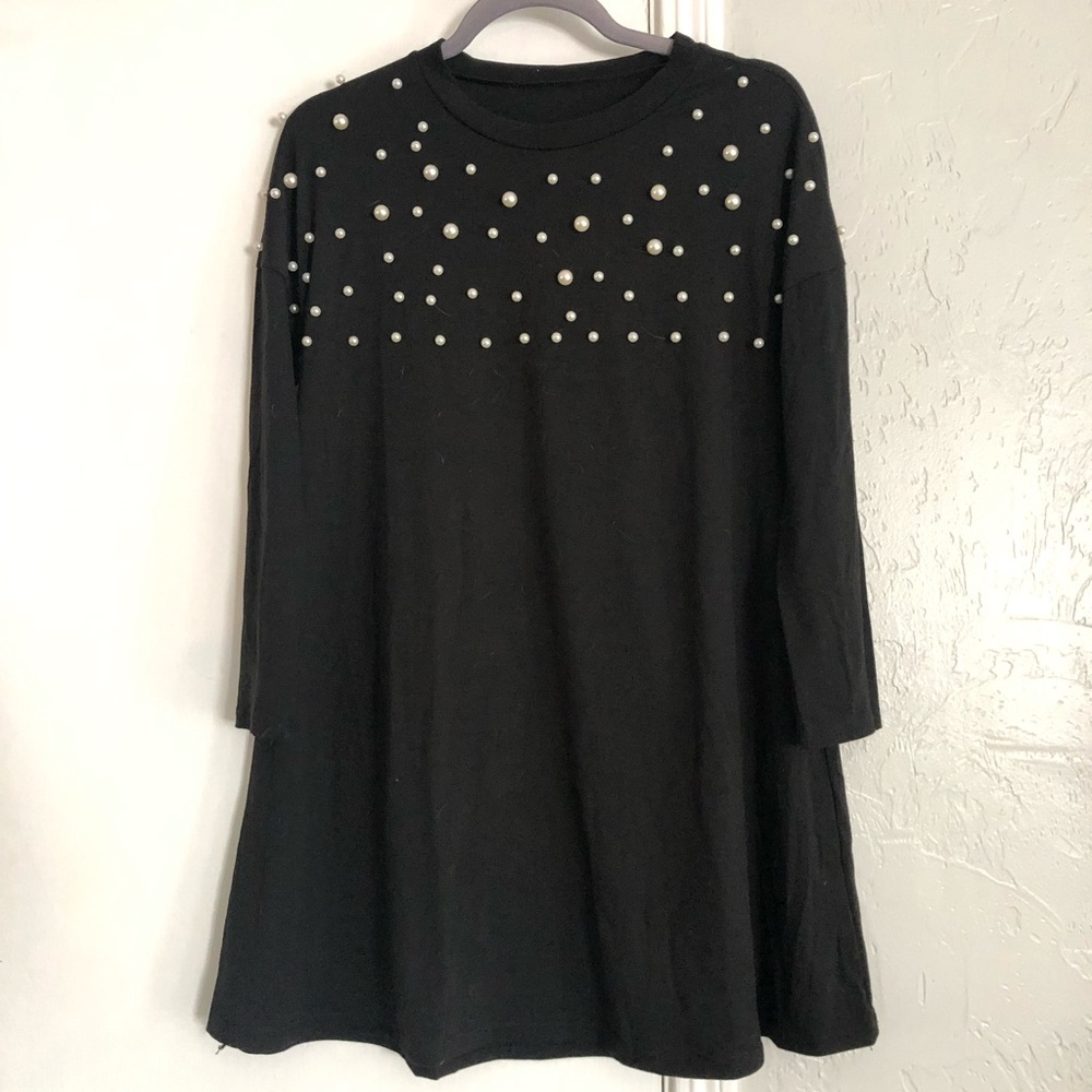 SHEIN Pearl Embellished Swing Dress Black Mini Size S - Picture 3 of 3